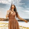 Ochre Greek Goddess Dress Bohemian Adjustable Back Boho