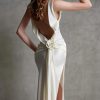 Elegant Open Back Satin Gown With Floral Detail